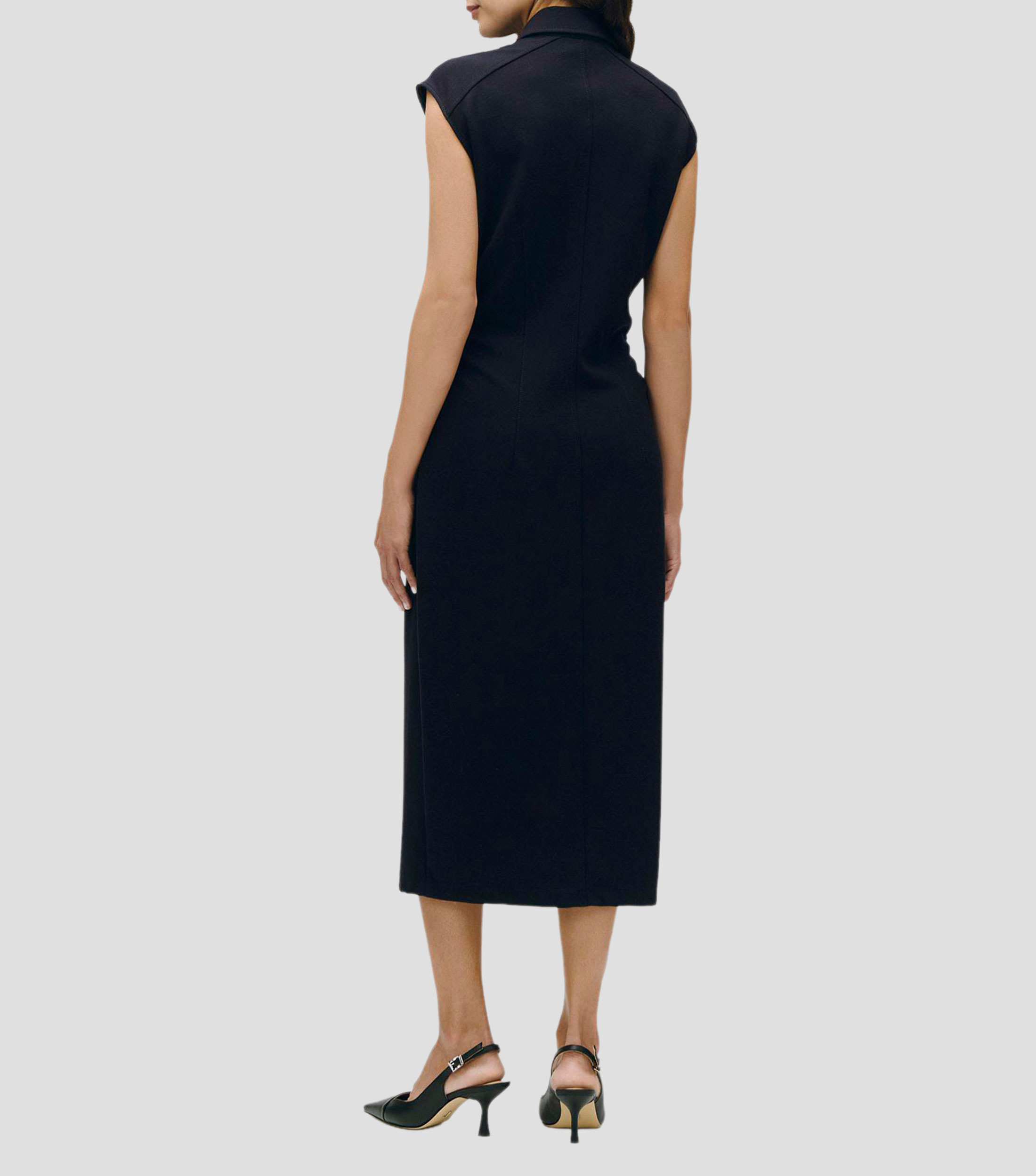 Vestido camisero midi tejido de punto índigo frunces en costado Mujer